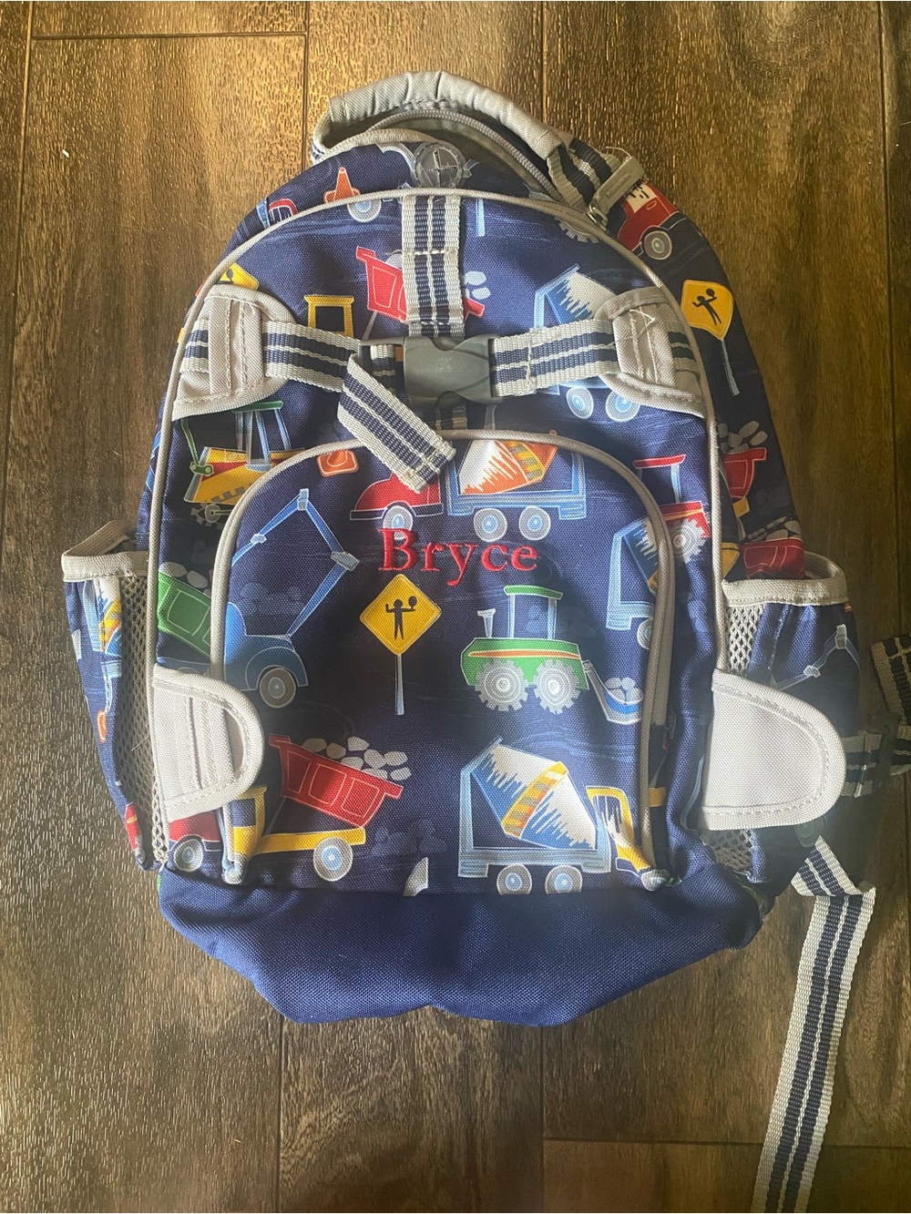 Pottery Barn Kids Navy Backpack with Colorful Construction Trucks